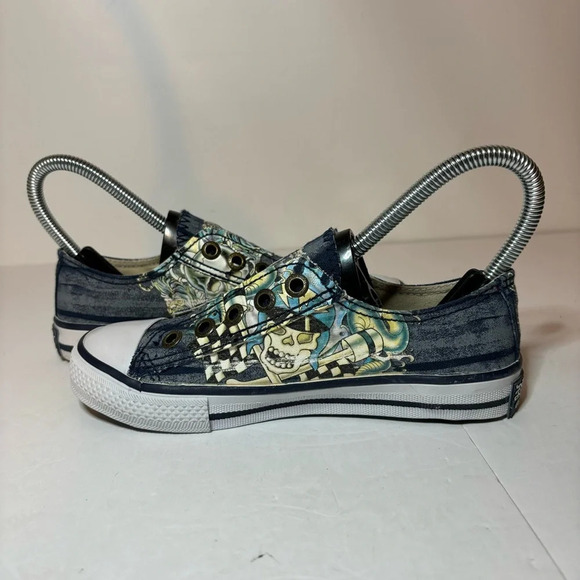 Ed Hardy By Christian Audigier Kids Slip Ons Sz 3 Piston Racing Skulls Laceless - Picture 3 of 10